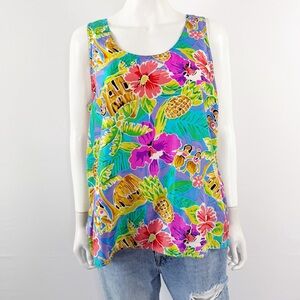 Restless Clothiers Silk Tank Top Size L Scoop Neck Floral Tropical Hawaiian